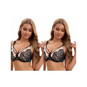 2 Packs Women's Lace Mesh Full Coverage Underwire Soft Cup Light and Breathable Push Up Bras