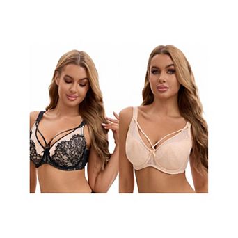 2 Packs Women's Lace Mesh Full Coverage Underwire Soft Cup Light and Breathable Push Up Bras