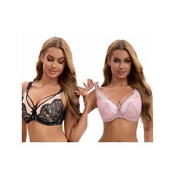 2 Packs Women's Lace Mesh Full Coverage Underwire Soft Cup Light and Breathable Push Up Bras