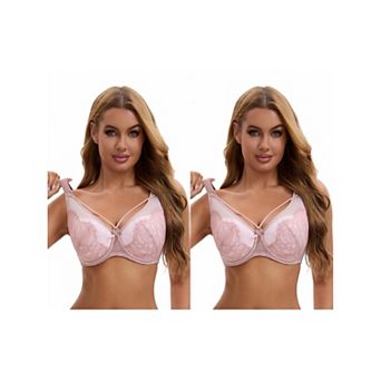 2 Packs Women's Lace Mesh Full Coverage Underwire Soft Cup Light and Breathable Push Up Bras