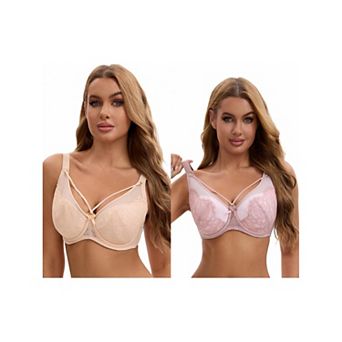 2 Packs Women's Lace Mesh Full Coverage Underwire Soft Cup Light and Breathable Push Up Bras