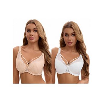 2 Packs Women's Lace Mesh Full Coverage Underwire Soft Cup Light and Breathable Push Up Bras