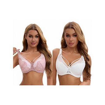 2 Packs Women's Lace Mesh Full Coverage Underwire Soft Cup Light and Breathable Push Up Bras