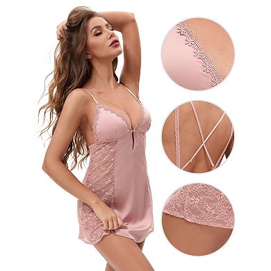 2 Packs Women's Lace Mesh Deep V Spaghetti Strap Cami Chemise with Bulit in Bra Plunge Full Slips