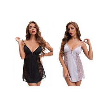 2 Packs Women's Lace Mesh Deep V Spaghetti Strap Cami Chemise with Bulit in Bra Plunge Full Slips