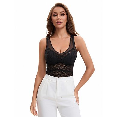 2 Packs Women's Lace Mesh V-Back Wide Strap Fixed Cup Tank Top Longline Light Breathable Camisoles