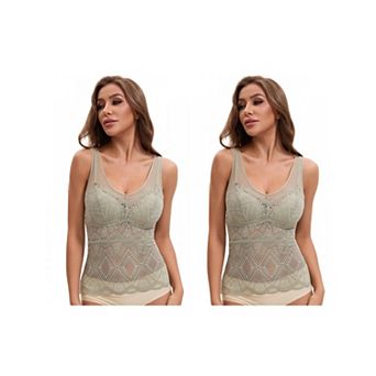 2 Packs Women's Lace Mesh V-Back Wide Strap Fixed Cup Tank Top Longline Light Breathable Camisoles
