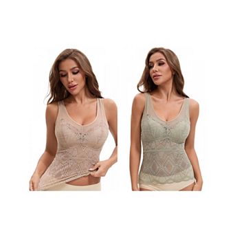 2 Packs Women's Lace Mesh V-Back Wide Strap Fixed Cup Tank Top Longline Light Breathable Camisoles