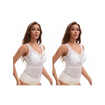 2 Packs Women's Lace Mesh V-Back Wide Strap Fixed Cup Tank Top Longline Light Breathable Camisoles