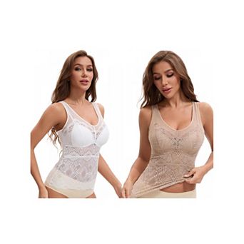 2 Packs Women's Lace Mesh V-Back Wide Strap Fixed Cup Tank Top Longline Light Breathable Camisoles