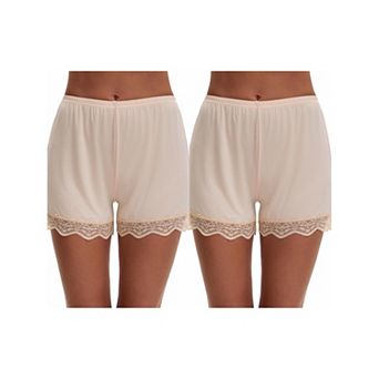 2 Packs Women's Lace Trim Ice Silk Mid-Waister Loose Slip Shorts Light Breathable Comfort Boyshorts