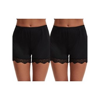 2 Packs Women's Lace Trim Ice Silk Mid-Waister Loose Slip Shorts Light Breathable Comfort Boyshorts
