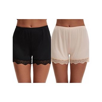 2 Packs Women's Lace Trim Ice Silk Mid-Waister Loose Slip Shorts Light Breathable Comfort Boyshorts