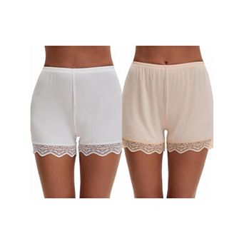 2 Packs Women's Lace Trim Ice Silk Mid-Waister Loose Slip Shorts Light Breathable Comfort Boyshorts