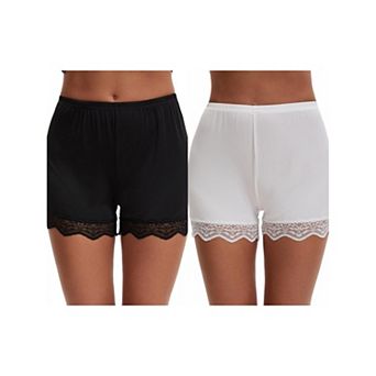 2 Packs Women's Lace Trim Ice Silk Mid-Waister Loose Slip Shorts Light Breathable Comfort Boyshorts