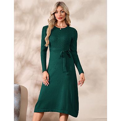 Women's Knit Midi Dress Long Sleeve Solid Color Tie Front Dresses