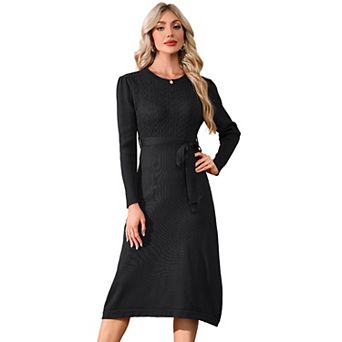 Women's Knit Midi Dress Long Sleeve Solid Color Tie Front Dresses