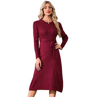 Women's Knit Midi Dress Long Sleeve Solid Color Tie Front Dresses