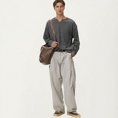 Men's Long Sleeve Pullover Top with Layered Notch Neckline and Relaxed Fit