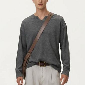 Men's Long Sleeve Pullover Top with Layered Notch Neckline and Relaxed Fit
