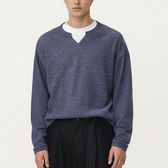 Men's Long Sleeve Pullover Top with Layered Notch Neckline and Relaxed Fit