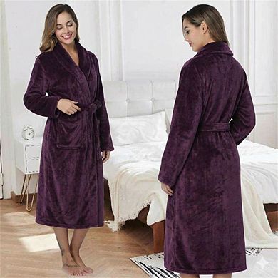Plush Flannel Hooded Bathrobe for Women with Tie Belt & Pockets, Winter Lounge Robe