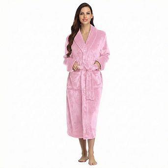 Plush Flannel Hooded Bathrobe for Women with Tie Belt & Pockets, Winter Lounge Robe