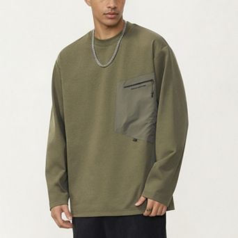 Men's Long Sleeve Crewneck Top with Utility Chest Pocket and Relaxed Fit