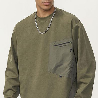 Men's Long Sleeve Crewneck Top with Utility Chest Pocket and Relaxed Fit