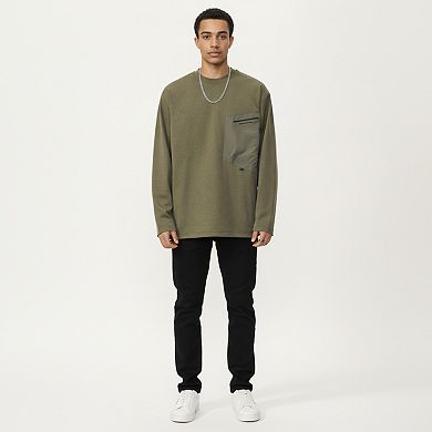 Men's Long Sleeve Crewneck Top with Utility Chest Pocket and Relaxed Fit