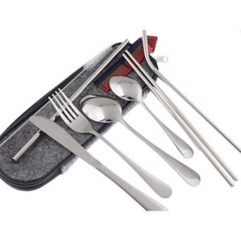 Stainless Steel Travel Utensil Set with Reusable Straws and Zipper Carry Case