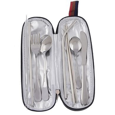 Stainless Steel Travel Utensil Set with Reusable Straws and Zipper Carry Case