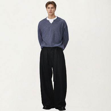 Men's Long Sleeve Pullover Top with Layered Notch Neckline and Relaxed Fit