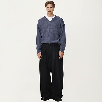 Men's Long Sleeve Pullover Top with Layered Notch Neckline and Relaxed Fit