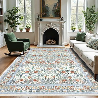 Washable Area Rug, Botanical Floral Boho Low-Pile Non-Slip Rug