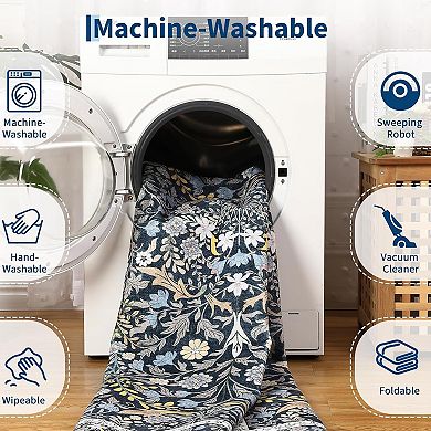 Washable Area Rug, Botanical Floral Boho Low-Pile Non-Slip Rug