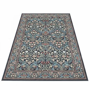 Washable Area Rug, Botanical Floral Boho Low-Pile Non-Slip Rug