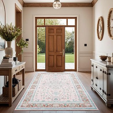 Floral Indoor Washable Area Rug, Large Carpet with Non-Slip Backing Low Pile Folding Soft Floor