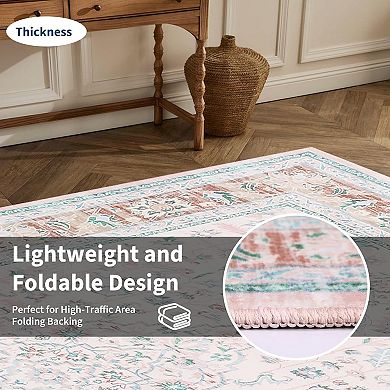 Floral Indoor Washable Area Rug, Large Carpet with Non-Slip Backing Low Pile Folding Soft Floor