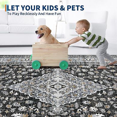 Floral Indoor Washable Area Rug, Large Carpet with Non-Slip Backing Low Pile Folding Soft Floor