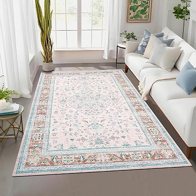 Floral Indoor Washable Area Rug, Large Carpet with Non-Slip Backing Low Pile Folding Soft Floor