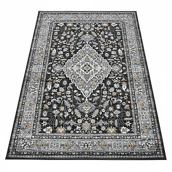 Floral Indoor Washable Area Rug, Large Carpet with Non-Slip Backing Low Pile Folding Soft Floor