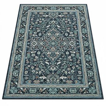 Floral Indoor Washable Area Rug, Large Carpet with Non-Slip Backing Low Pile Folding Soft Floor