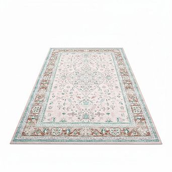 Floral Indoor Washable Area Rug, Large Carpet with Non-Slip Backing Low Pile Folding Soft Floor