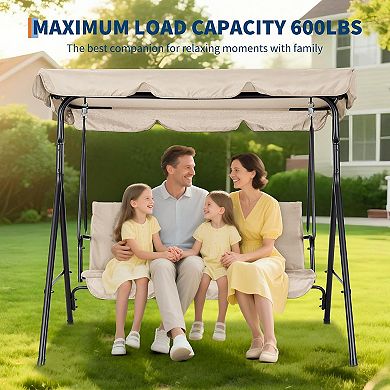 Outdoor Porch Swing 3-Seat with Canopy for Patio Garden Backyard