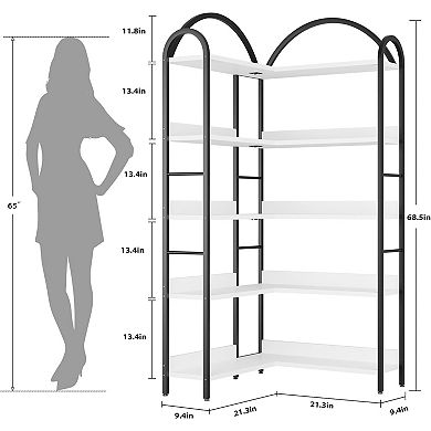 5 Tier L Shaped Corner Bookshelf -68 Inch Industrial Arch Bookcase with Metal Frame
