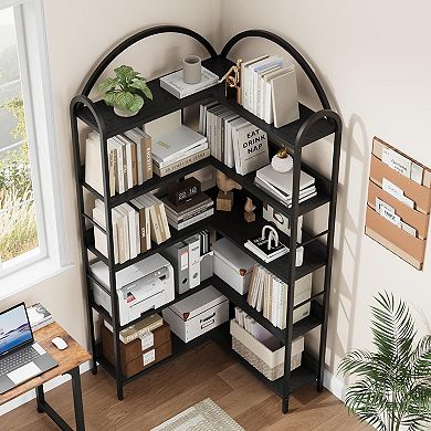 5 Tier L Shaped Corner Bookshelf -68 Inch Industrial Arch Bookcase with Metal Frame