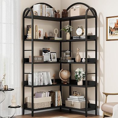 5 Tier L Shaped Corner Bookshelf -68 Inch Industrial Arch Bookcase with Metal Frame