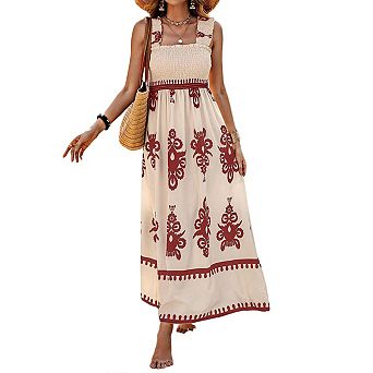 Womens Summer Boho Maxi Dress Casual Sleeveless Square Neck Floral Aline Smocked Beach Dresses