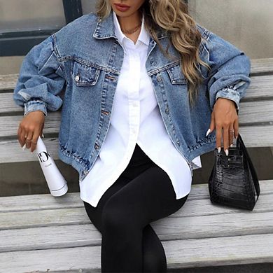 Women's Denim Jackets Long Sleeve Loose Fitted Jean Jacket Coats With Pocket